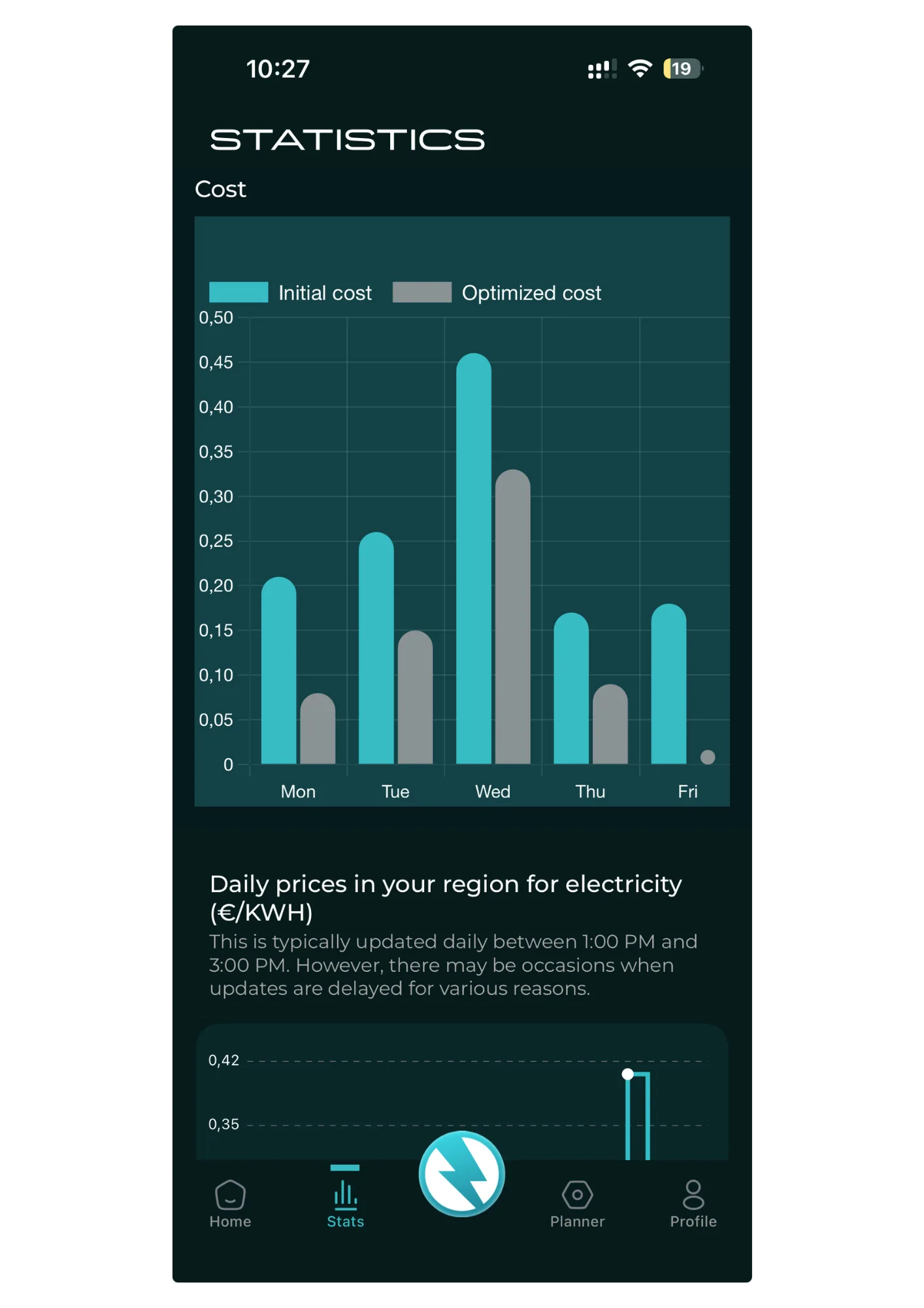 The Spapilot app home screen showing the current water temperature, target, and the day's heating plan.